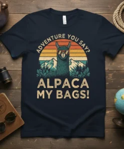 Adventure You Say Alpaca My Bags text with a llama wearing sunglasses and a mountain sunset graphic on a navy