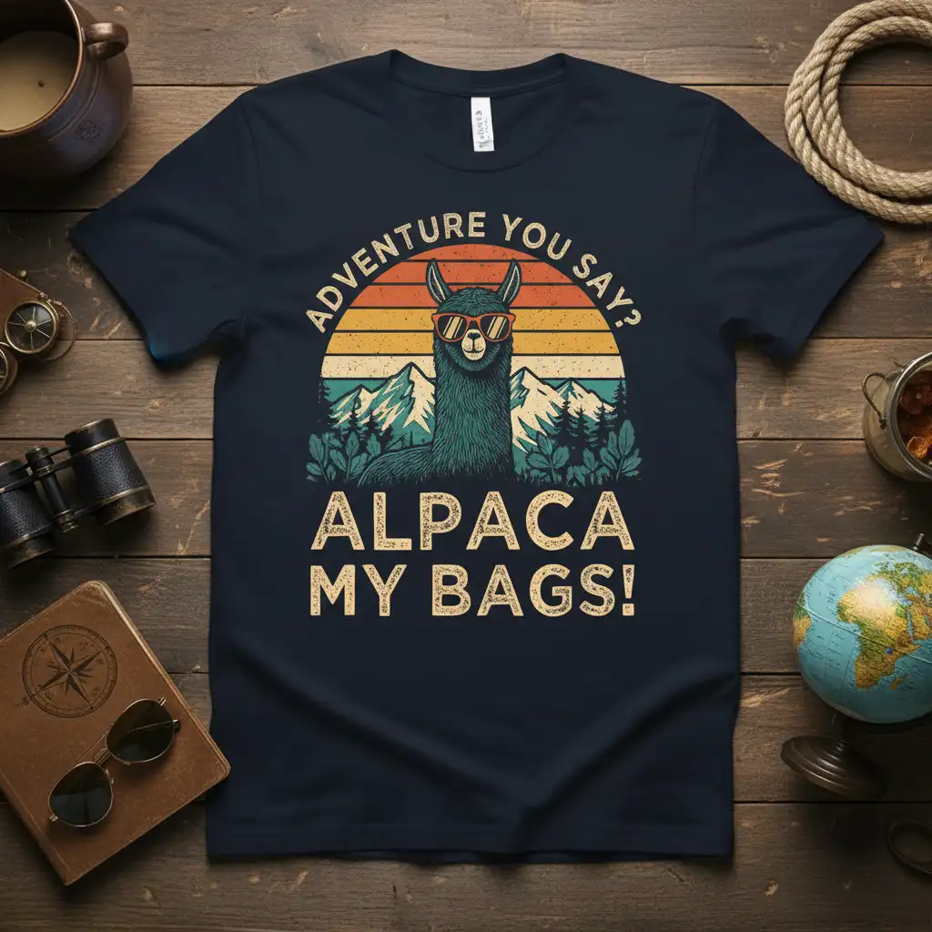 Adventure You Say Alpaca My Bags text on a t-shirt with a llama graphic and sunset mountains