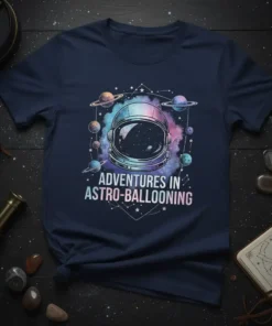 Astronaut helmet graphic with text "ADVENTURES IN ASTRO-BALLOONING" and planets, representing space exploration and adventure