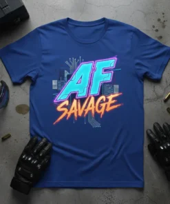 AF SAVAGE text design with neon blue and orange accents on a royal blue t-shirt, featuring circuit board graphics