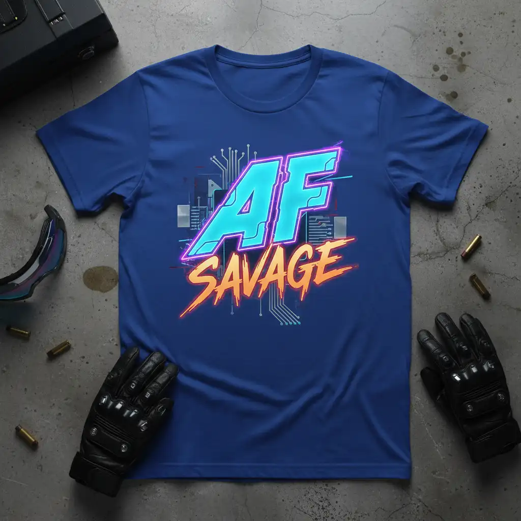 AF SAVAGE text design with neon blue and orange glowing letters on a blue t-shirt, set against circuit board graphics