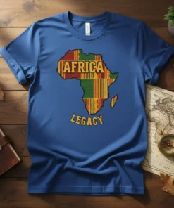 Africa Legacy map t-shirt with Kente cloth pattern and bold text, representing African heritage and pride