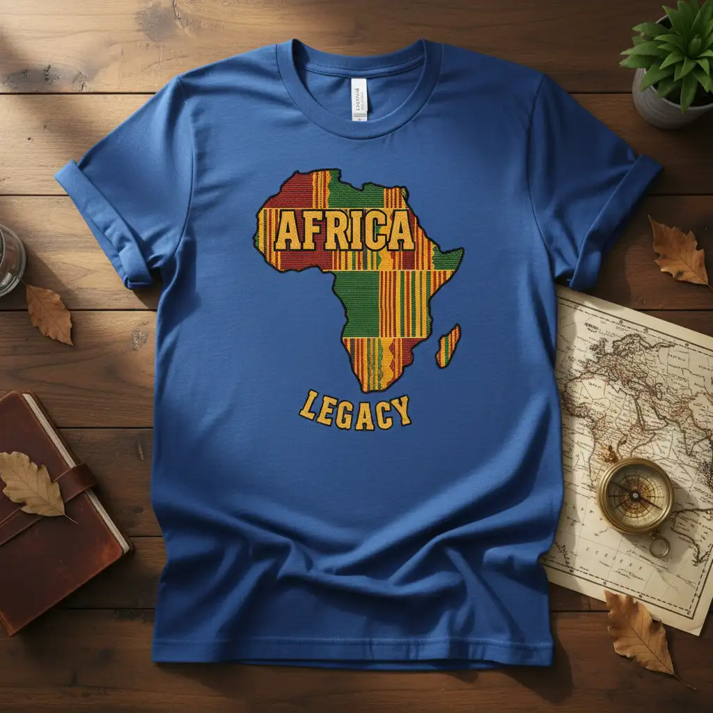 Africa Legacy map design with Kente cloth fill and prominent text, symbolizing African heritage and cultural pride