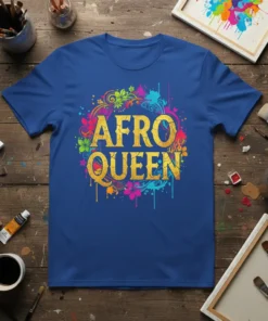 Afro Queen t-shirt design with bold golden lettering and colorful floral and paint splatter graphics