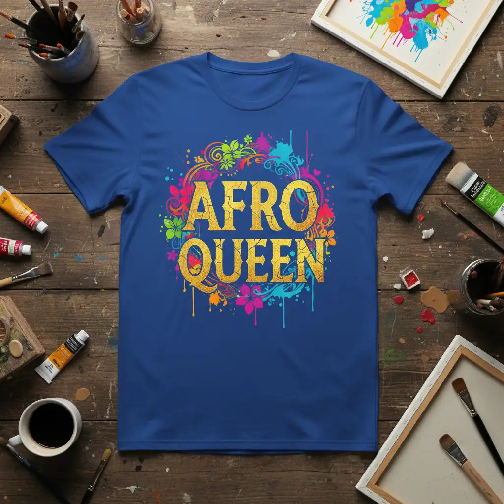 Afro Queen text design with gold glitter effect, surrounded by vibrant floral and paint splash graphics on a blue t-shirt