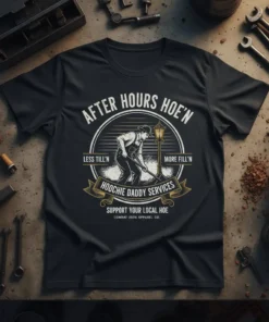 Black t-shirt with "AFTER HOURS HOE'N LESS TILL'N MORE FILL'N HOOCHIE DADDY SERVICES SUPPORT YOUR LOCAL HOE" text and graphics