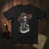 Ahana hy Grooms t-shirt design featuring a skull with red roses in a vase, gothic style, dark floral theme