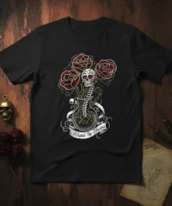 Ahana hy Grooms t-shirt design featuring a skull with red roses in a vase, gothic style, dark floral theme