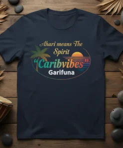Ahari means The Spirit "Caribvibes" Garifuna text with tropical sunset graphic on a navy t-shirt
