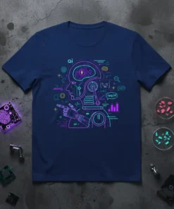 AI Help Robot Design T-Shirt featuring a neon-line art robot head with circuitry and the text "help!!!"