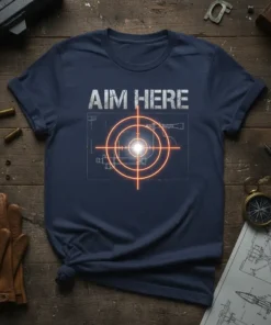 Aim Here T-Shirt with a gun target graphic and blueprint background, designed for shooting enthusiasts