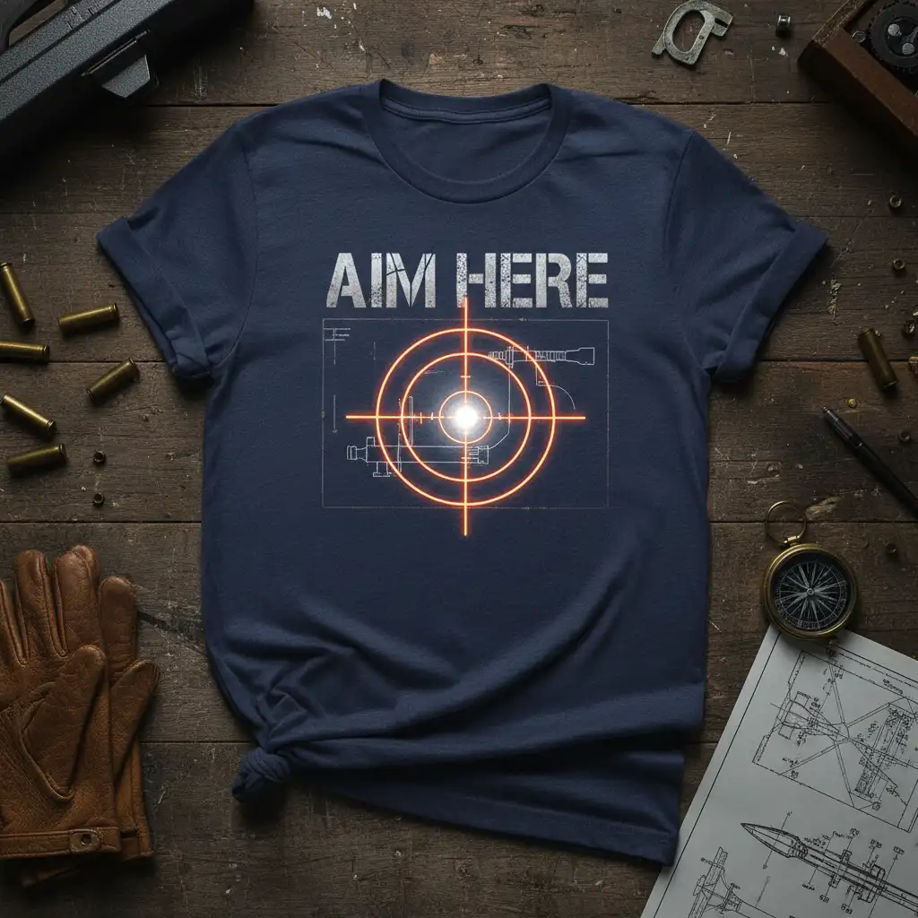 Aim Here text with a neon orange gun target reticle and blueprint details on a navy t-shirt