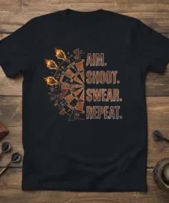 Black t-shirt with "AIM. SHOOT. SWEAR. REPEAT." text and a fiery dartboard graphic with flaming darts