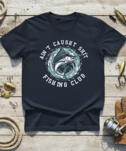 Ain't Caught Shit Fishing Club t-shirt design featuring a marlin in waves and fishing club text