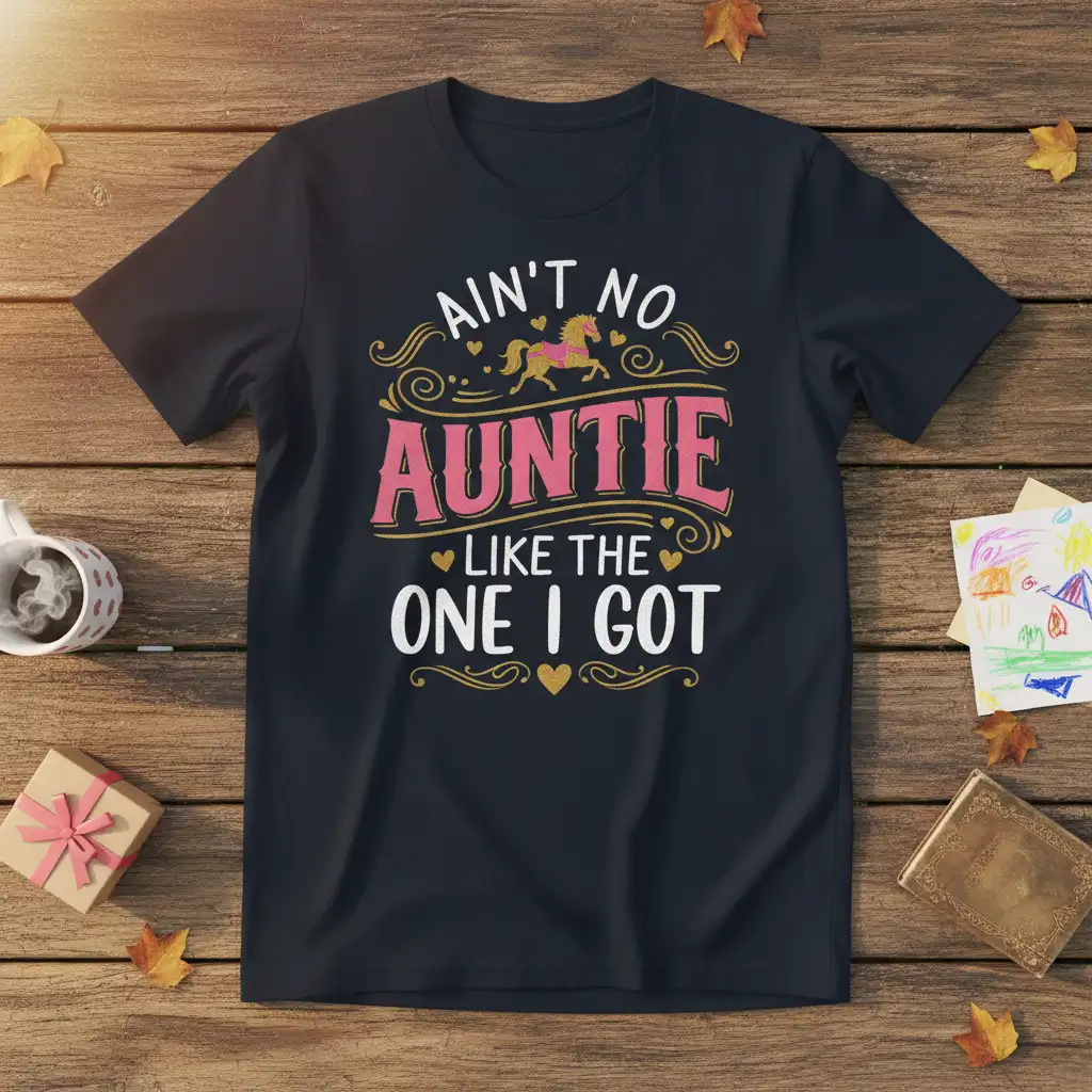 Ain't No Auntie Like The One I Got quote with a pink horse graphic on a navy tee