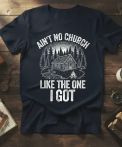 Ain't No Church Like The One I Got t-shirt design featuring a log cabin, pine trees, and campfire graphic
