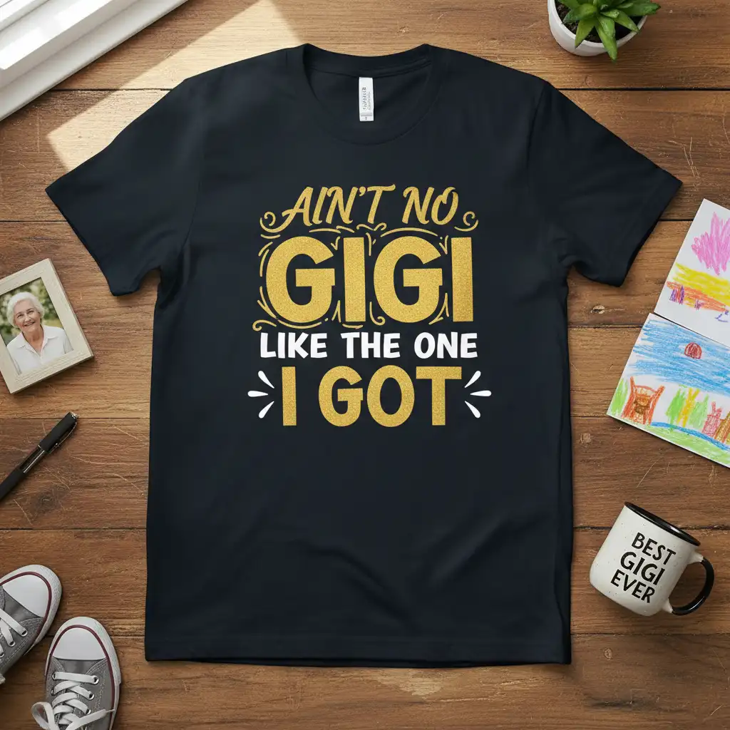Ain't No Gigi Like The One I Got quote in bold gold lettering on a black t-shirt, perfect for grandmothers