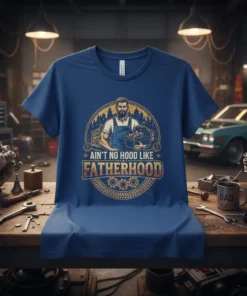 Ain't No Hood Like Fatherhood t-shirt design with a bearded man in overalls holding a toolbox, set against a circular