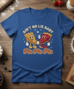 Retro t-shirt design with text "Ain't No Lie Baby Pie Pie Pie" featuring cartoon slices of pie