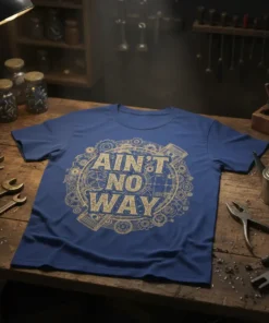Ain't No Way t-shirt with gears and engine parts design, blue shirt featuring mechanical theme
