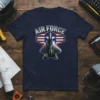 Air Force graphic t-shirt featuring a modern fighter jet and patriotic emblem with stars and stripes