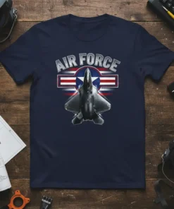 Air Force graphic t-shirt featuring a modern fighter jet and patriotic emblem with stars and stripes