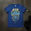 Air Guitar Legend text design with a person playing guitar and musical notes on a blue t-shirt