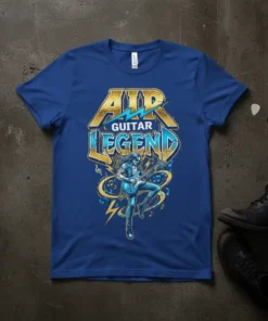Air Guitar Legend text design with a person playing guitar and musical notes on a blue t-shirt