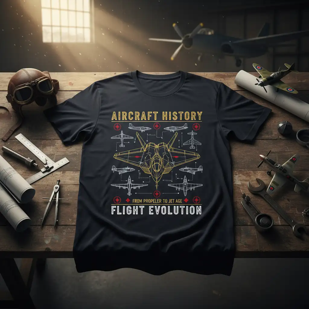 Aircraft History From Propeller to Jet Age Flight Evolution design showcasing diverse aircraft silhouettes and blueprints