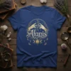 T-shirt featuring the name Alanis in a decorative golden font with hands reaching for a plant, surrounded by moons and