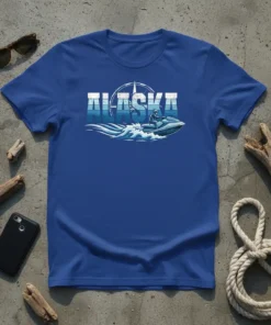 Alaska jet ski rider graphic t-shirt with text "ALASKA" and a compass design