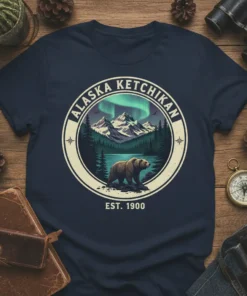 Alaska Ketchikan Est 1900 t-shirt design with a bear, mountains, and aurora borealis graphic