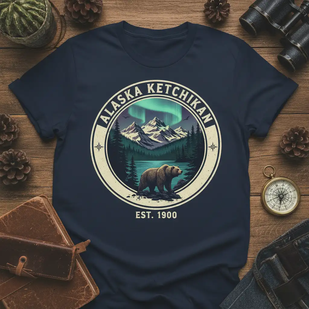 Alaska Ketchikan Est 1900 design with bear, mountains, and aurora borealis graphic