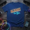 Albany New York retro cityscape t-shirt with bold orange text and blue script, on a navy blue shirt