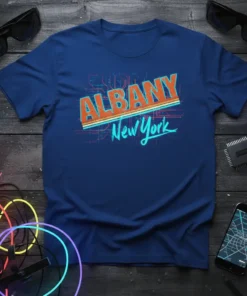 Albany New York retro cityscape t-shirt with bold orange text and blue script, on a navy blue shirt