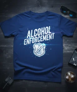 Alcohol Enforcement T-Shirt with white distressed text and a shield logo featuring a crossed-out bottle and lightning bolt