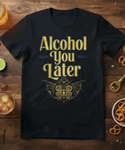 Alcohol You Later text design with retro gears and martini glass graphic on a black t-shirt
