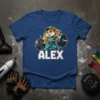 Alex the Strong Hamster lifting weights graphic t-shirt design, personalized gym wear