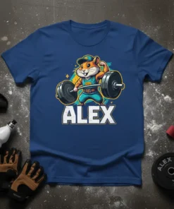 Alex the Strong Hamster lifting weights graphic t-shirt design, personalized gym wear