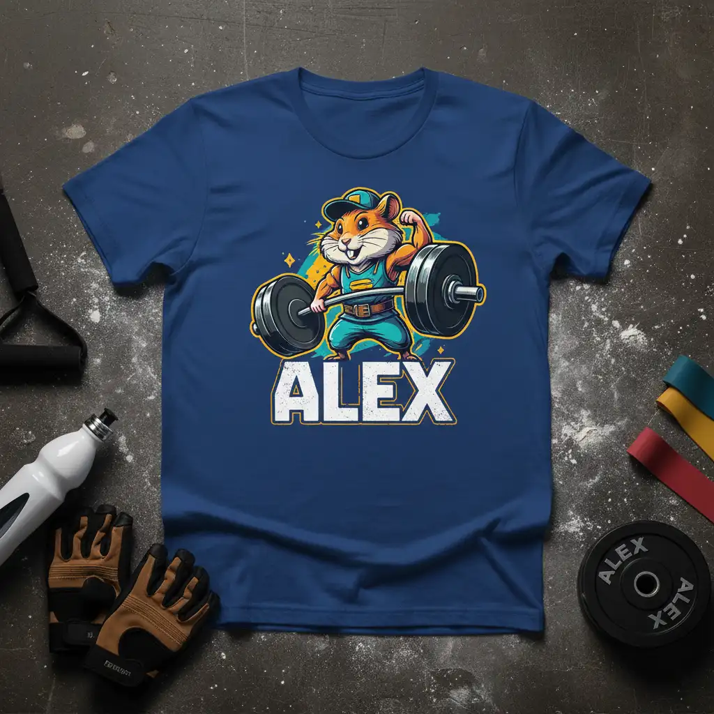 Alex the Strong Hamster lifting barbell personalized gym workout t-shirt design