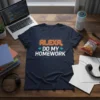 Alexa, Do My Homework quote in neon orange and glitch white text on a navy t-shirt, featuring wifi symbols