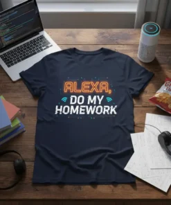 Alexa, Do My Homework quote in neon orange and glitch white text on a navy t-shirt, featuring wifi symbols