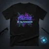 Black t-shirt with "Alexa do my homework" text in purple and blue neon, surrounded by digital circuit graphics
