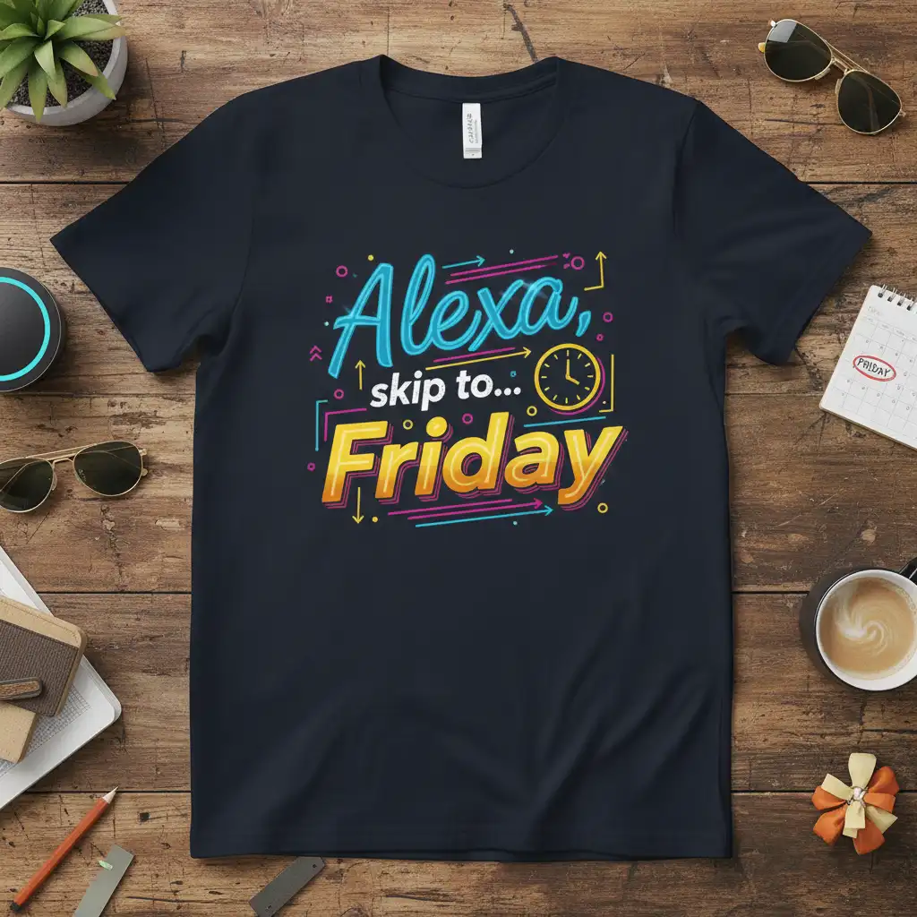 Alexa, skip to... Friday quote with vibrant typography and clock graphic on a t-shirt