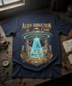 Alien Abduction Camp Unplanned Trips to the Stars t-shirt design featuring a UFO, abducted people, and forest scene