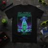 Alien Abduction Cat Loading T-Shirt with pixelated text, alien ship, sunglasses-wearing cactus, and desert landscape