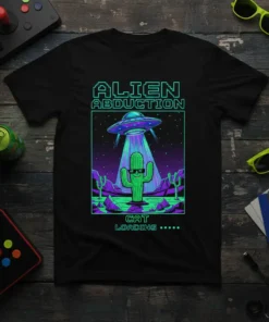 Alien Abduction Cat Loading T-Shirt with pixelated text, alien ship, sunglasses-wearing cactus, and desert landscape