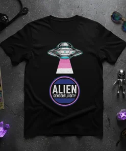 Alien Genderfluidity Pride UFO T-Shirt design with a UFO beam and text