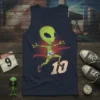 Alien runner crossing finish line graphic on navy blue tank top, featuring bib number 101 and large number 10