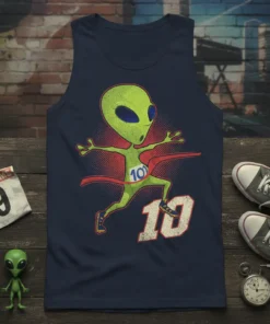 Alien runner crossing finish line graphic on navy blue tank top, featuring bib number 101 and large number 10